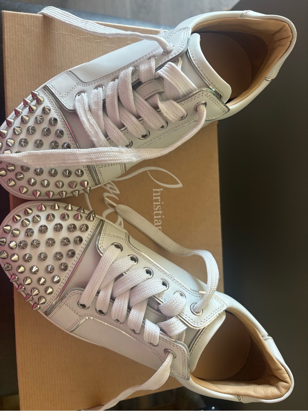 Christian Louboutin White Leather Studded Low-Top Sneakers